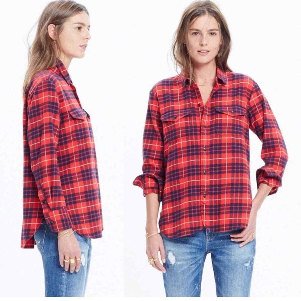 Madewell Women’s Flannel Cargo Workshirt Altamira Red & Navy Blue Plaid Size XS